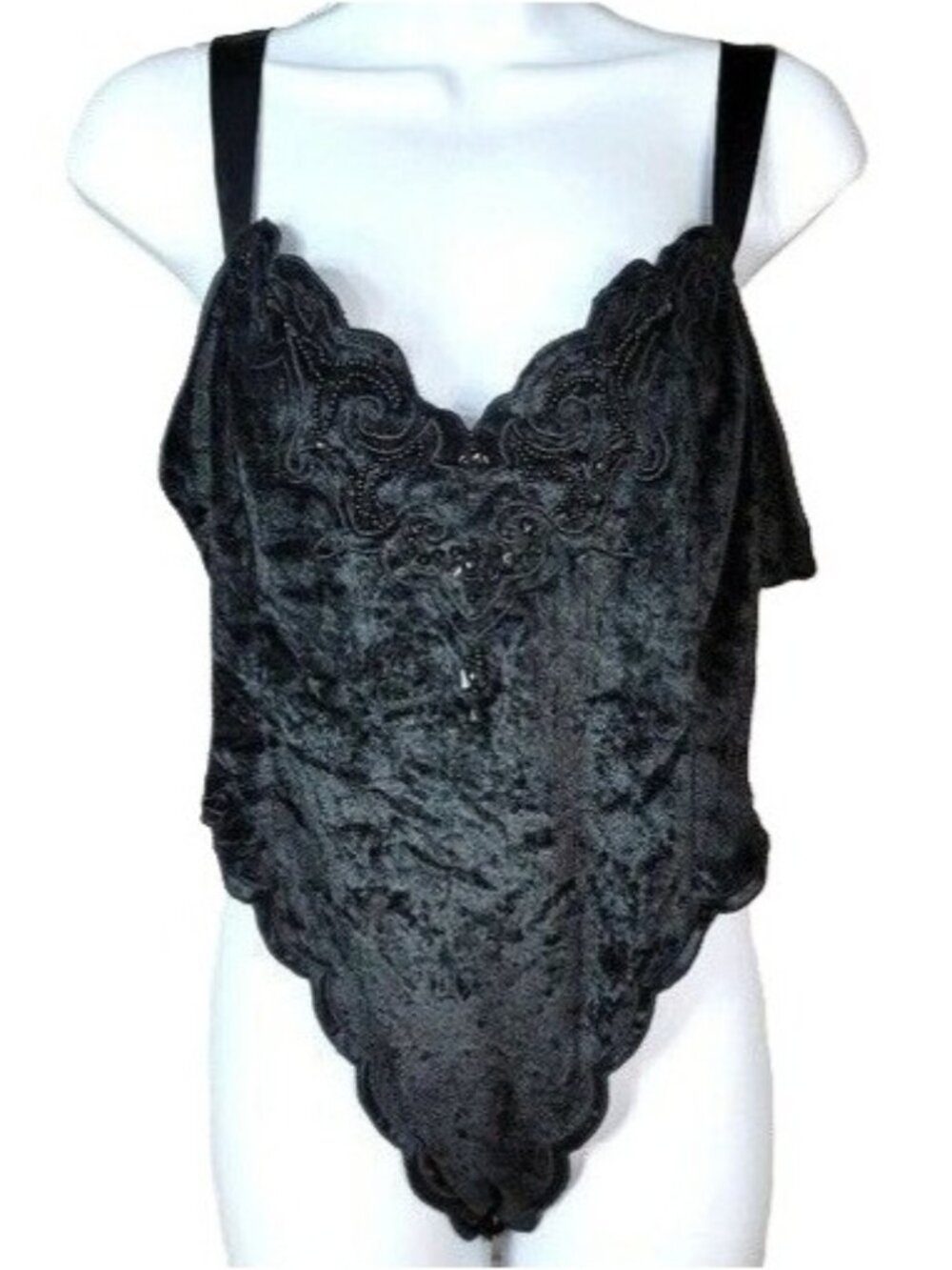 Victoria's Secret Velvet Bodysuit Teddy Black Large Beads Thong Gold Label VTG